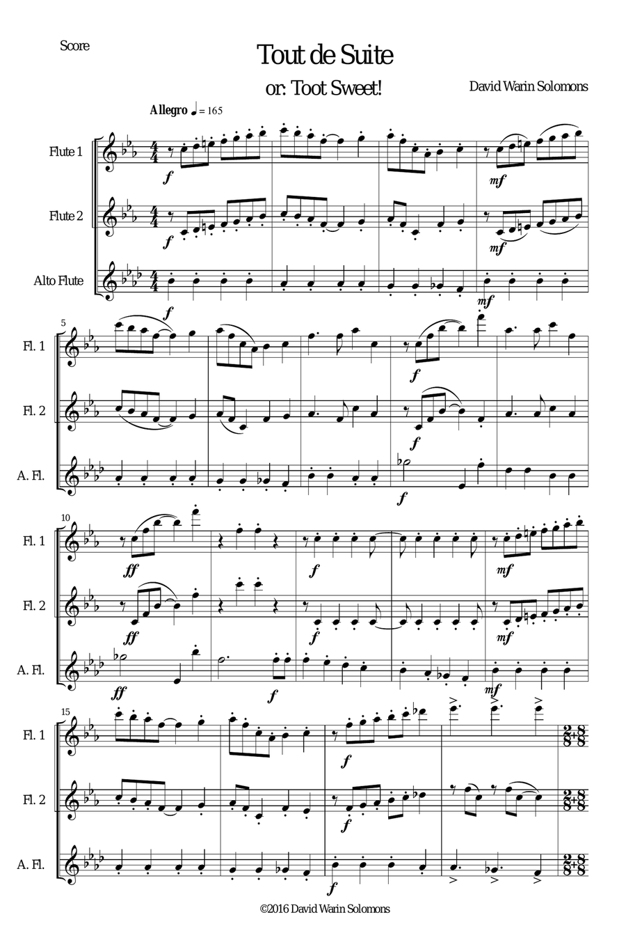 Tout de Suite (or Toot Sweet) for flute trio (2 flutes 1 alto flute) Flute Trio scores gallery preview page 1