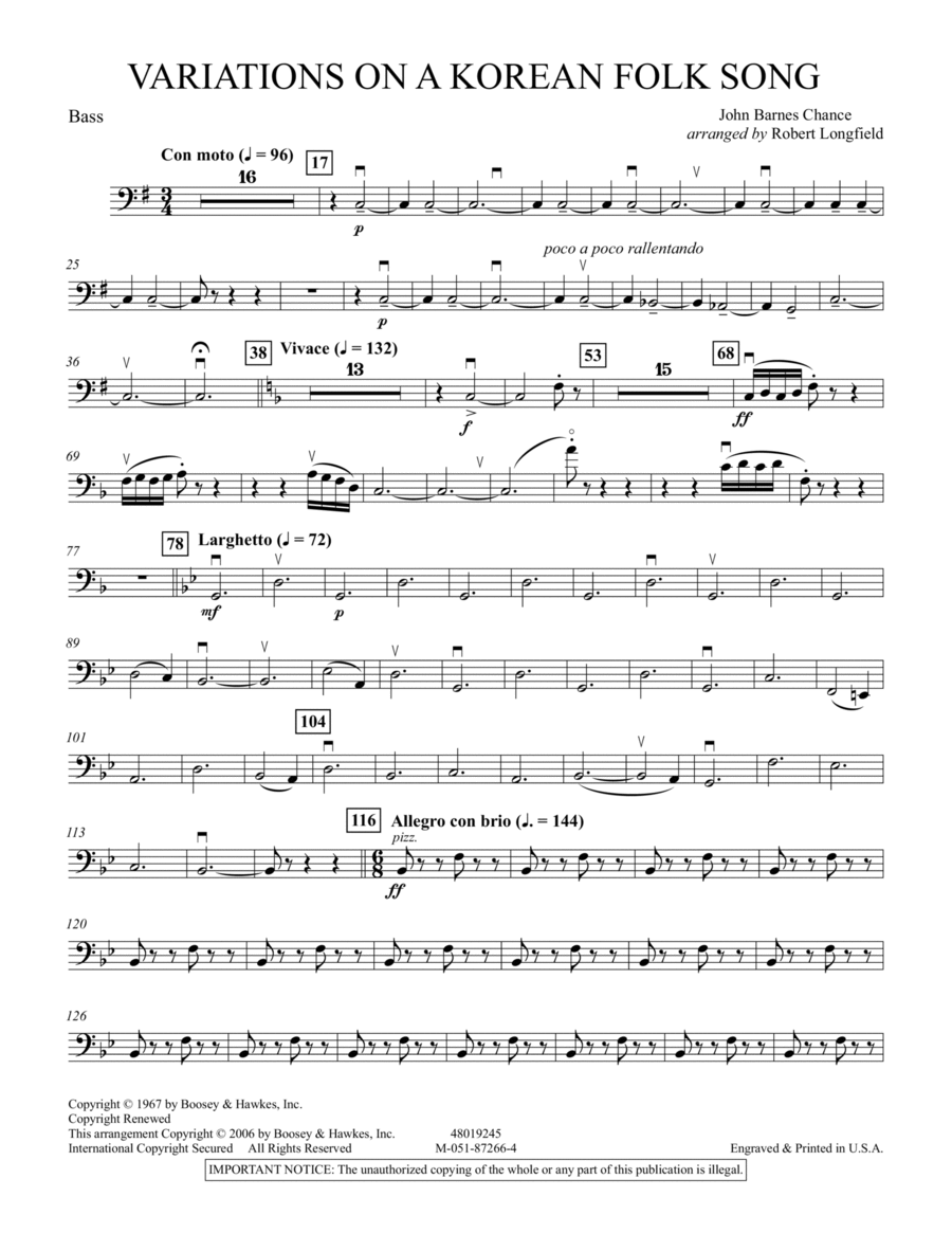 Variations on A Korean Folk Song Bass by John Barnes Chance