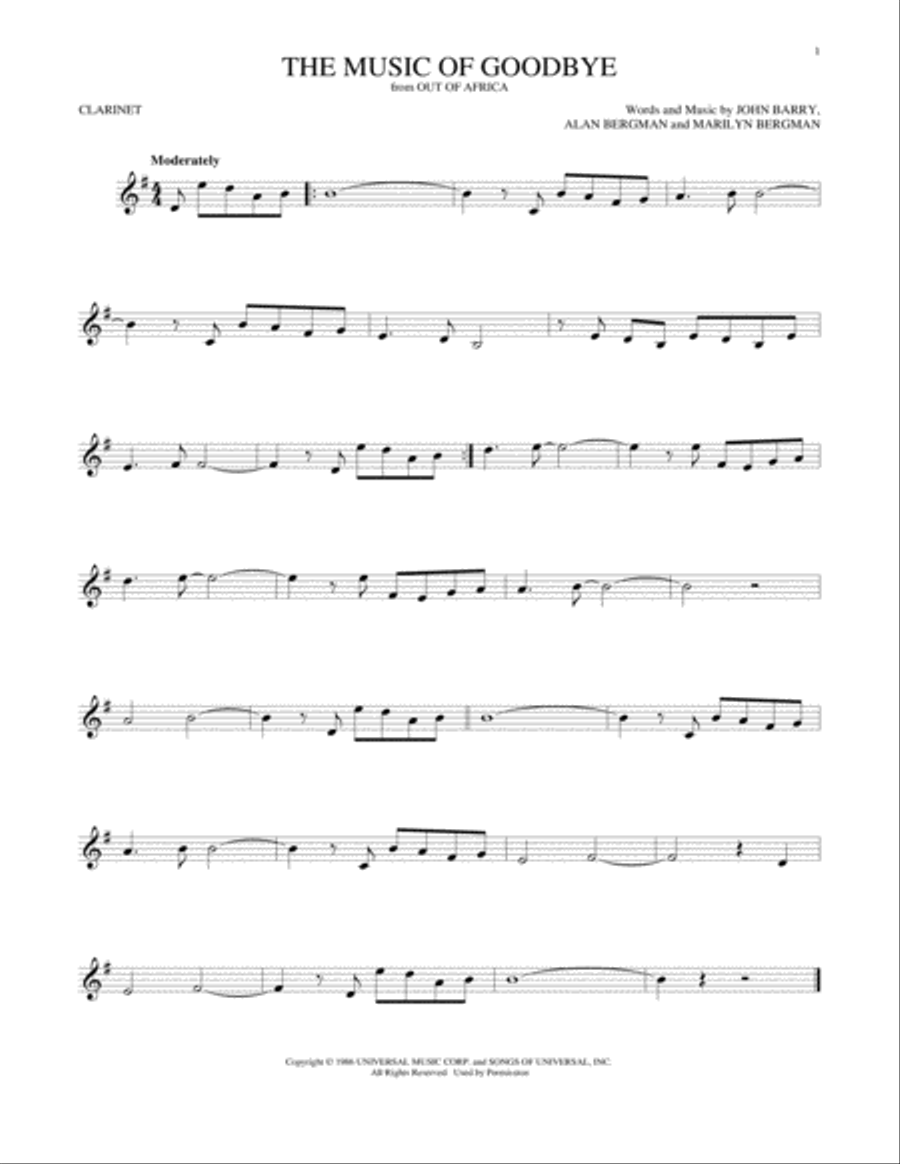 The Music Of Goodbye Clarinet Solo scores gallery preview page 1