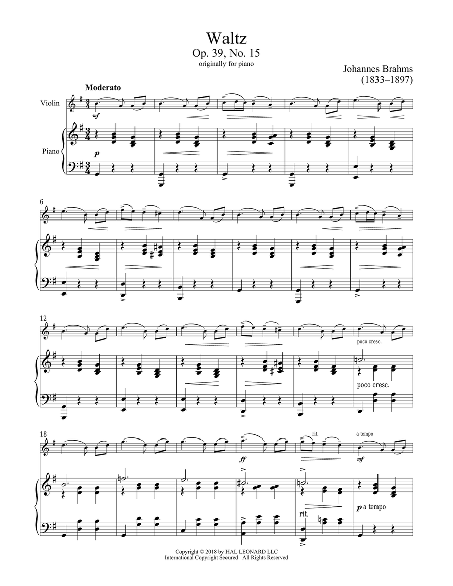 Waltz In A-Flat Major, Op. 39, No. 15 Violin Solo scores gallery preview page 1
