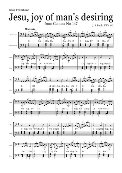 JESU, JOY OF MAN'S DESIRING by Bach - easy version for Bass Trombone and piano with chords image number null