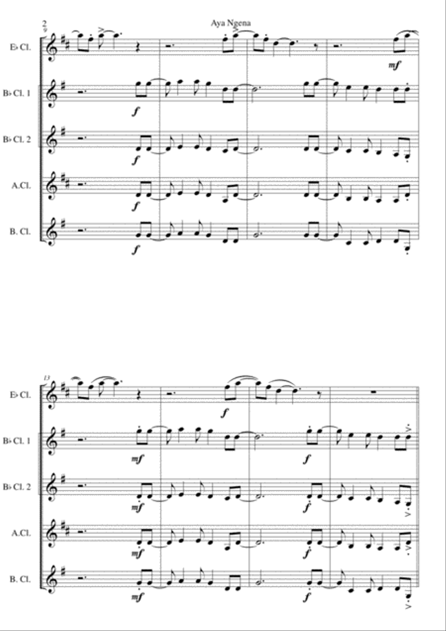 Aya Ngena for clarinet quintet (including E flats) Clarinet Quintet scores gallery preview page 2