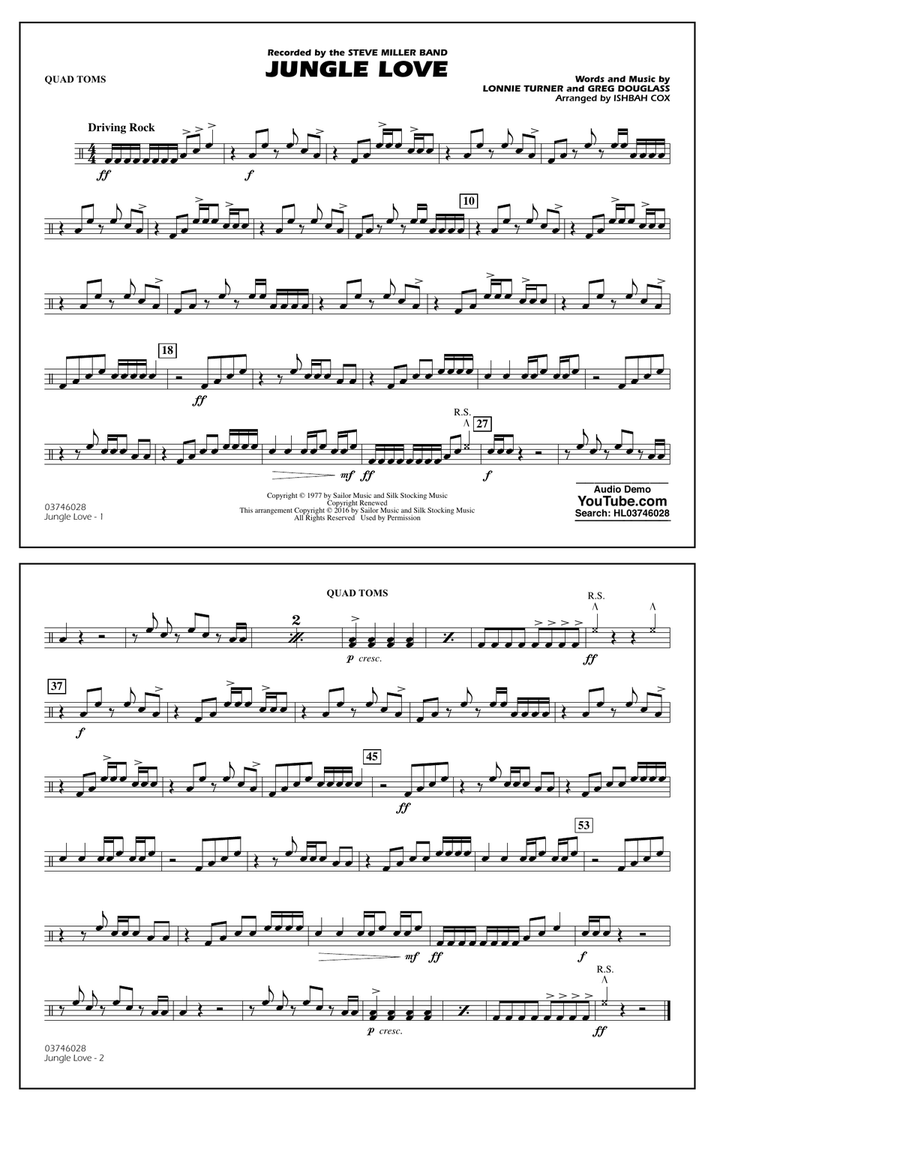 Jungle Love - Quad Toms Jungle Love - Quad Toms Marching Band scores gallery preview page 1