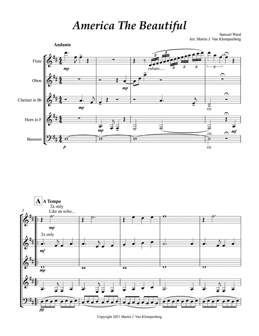 America the Beautiful Woodwind Quintet scores gallery preview page 1