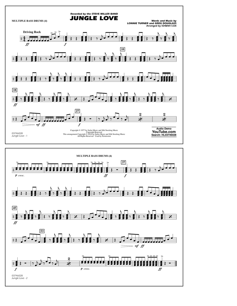 Jungle Love - Multiple Bass Drums Marching Band scores gallery preview page 1