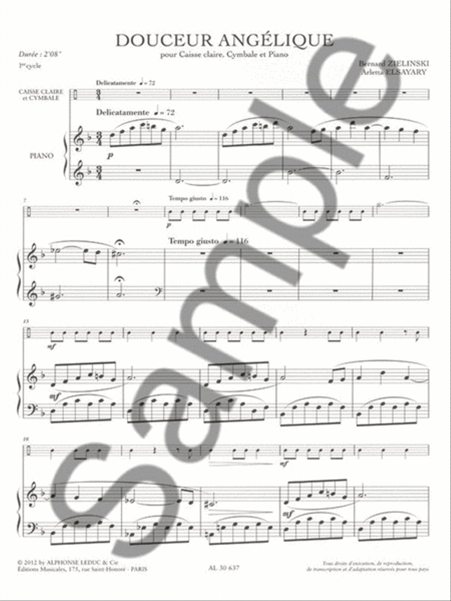 Douceur Angelique (2'08'') Pour Caisse Claire, Cymbale Et Piano (cycle 1) Voice Solo scores gallery preview page 2