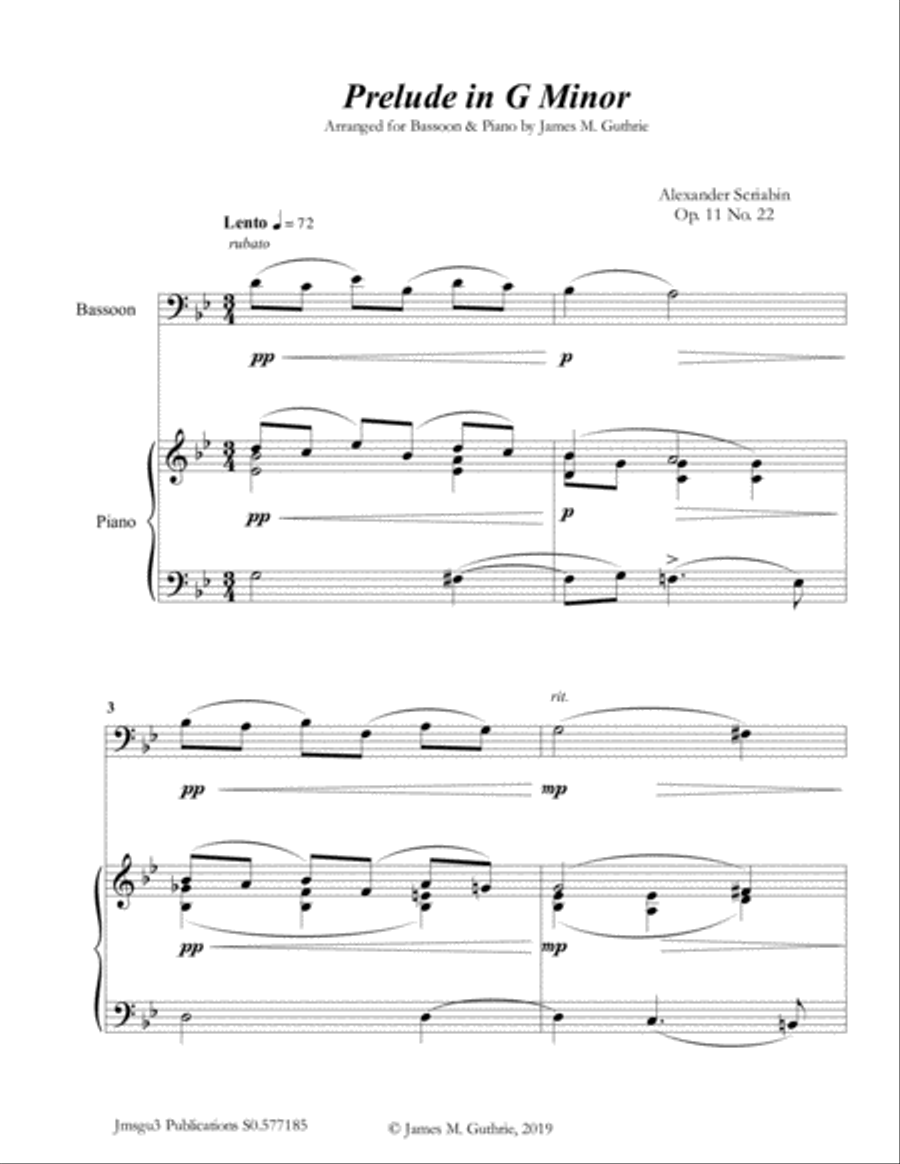 Scriabin: Prelude in G Minor for Bassoon & Piano Woodwind Duet scores gallery preview page 1