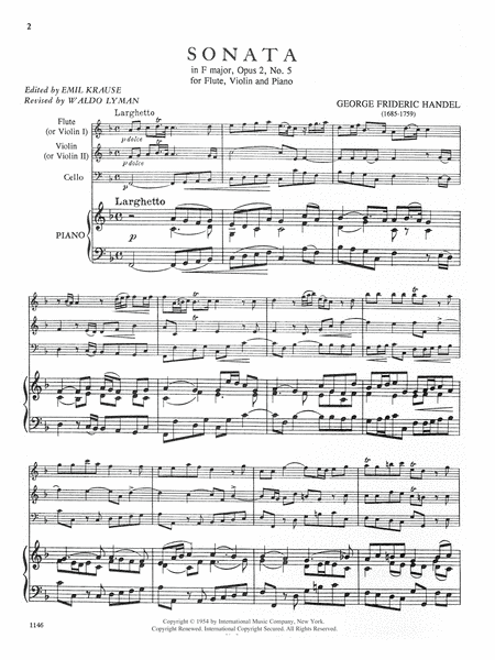 Sonata in F major for Flute, Violin & Piano or 2 Violins & Piano (with Cello ad lib.)