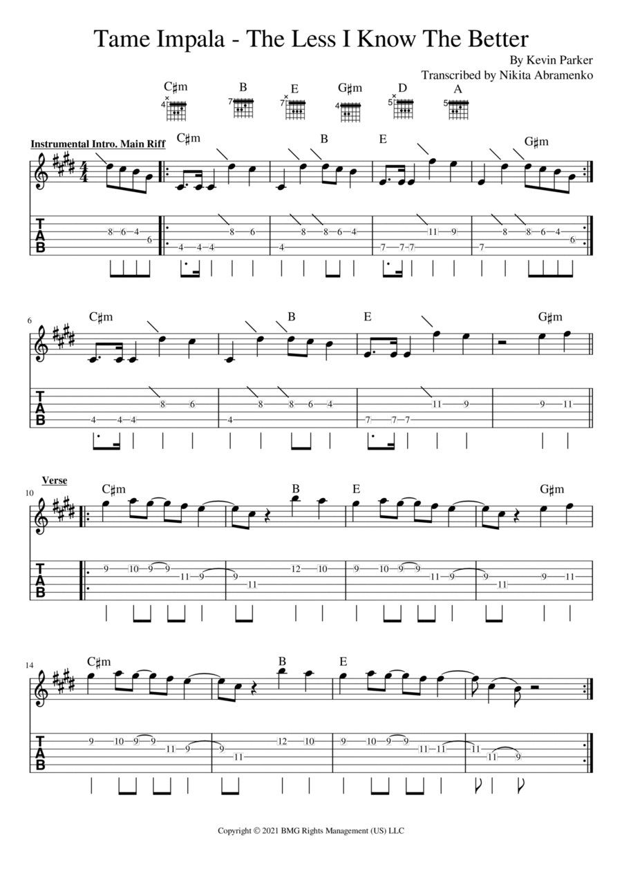 The Less I Know The Better Guitar Tablature scores gallery preview page 1