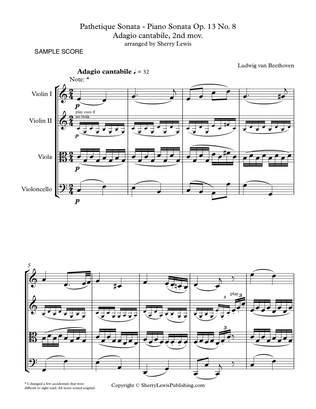 Book cover for PATHETIQUE SONATA, Adagio cantabile, 2nd mov. Op. 13, No. 8 String Quartet, Intermediate Level for