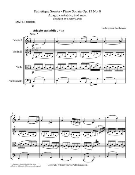 PATHETIQUE SONATA, Adagio cantabile, 2nd mov. Op. 13, No. 8 String Quartet, Intermediate Level for image number null