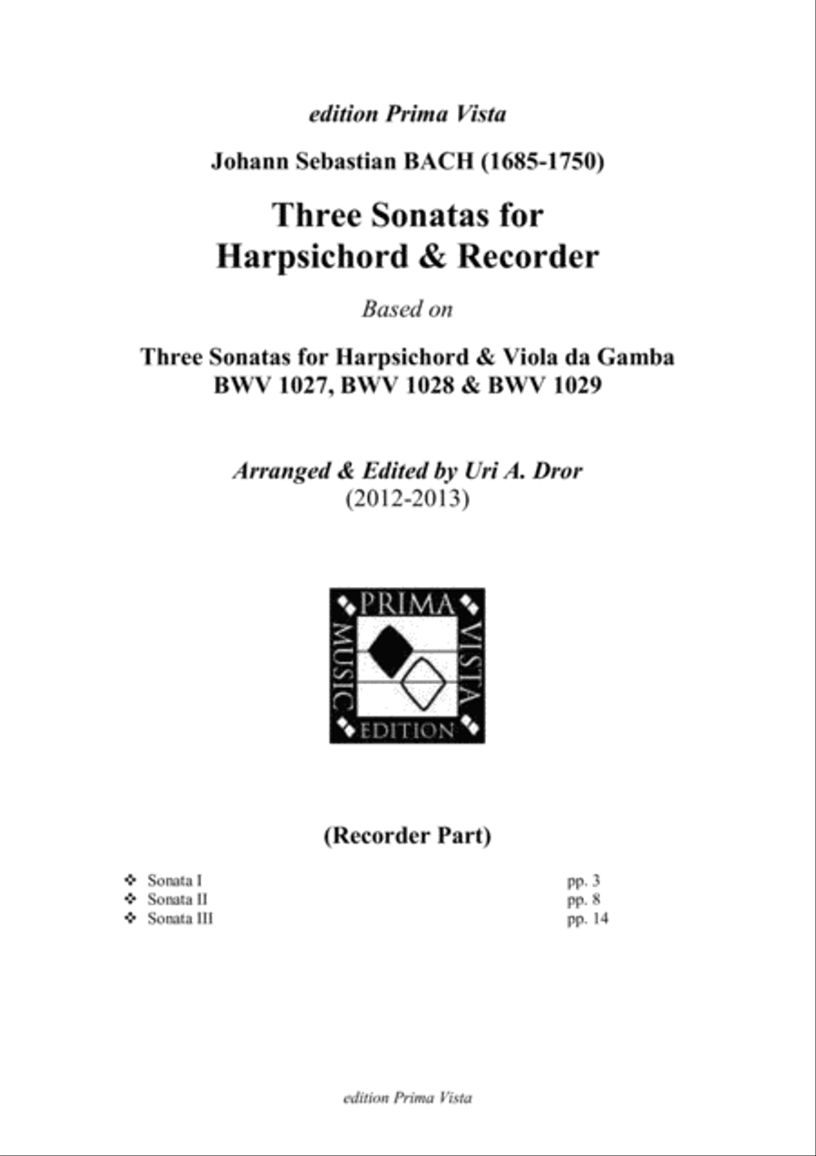 J. S. Bach, 3 Sonatas for Recorder & Harpsichord after BWV 1027-1029, Recorder Part Chamber Music scores gallery preview page 1