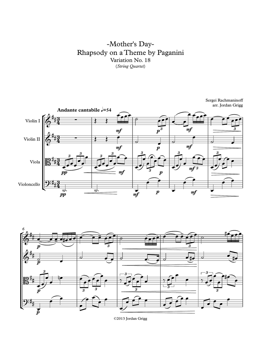 Mother's Day-Rhapsody on a Theme by Paganini Variation No.18 (String Quartet) String Quartet scores gallery preview page 1