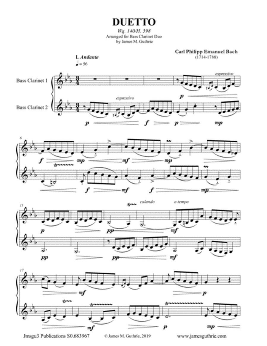 CPE Bach: Duetto Wq. 140 for Bass Clarinet Duo image number null