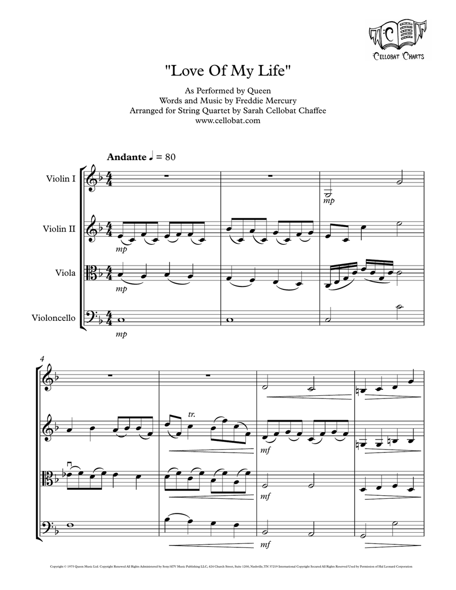 Love Of My Life String Quartet scores gallery preview page 1