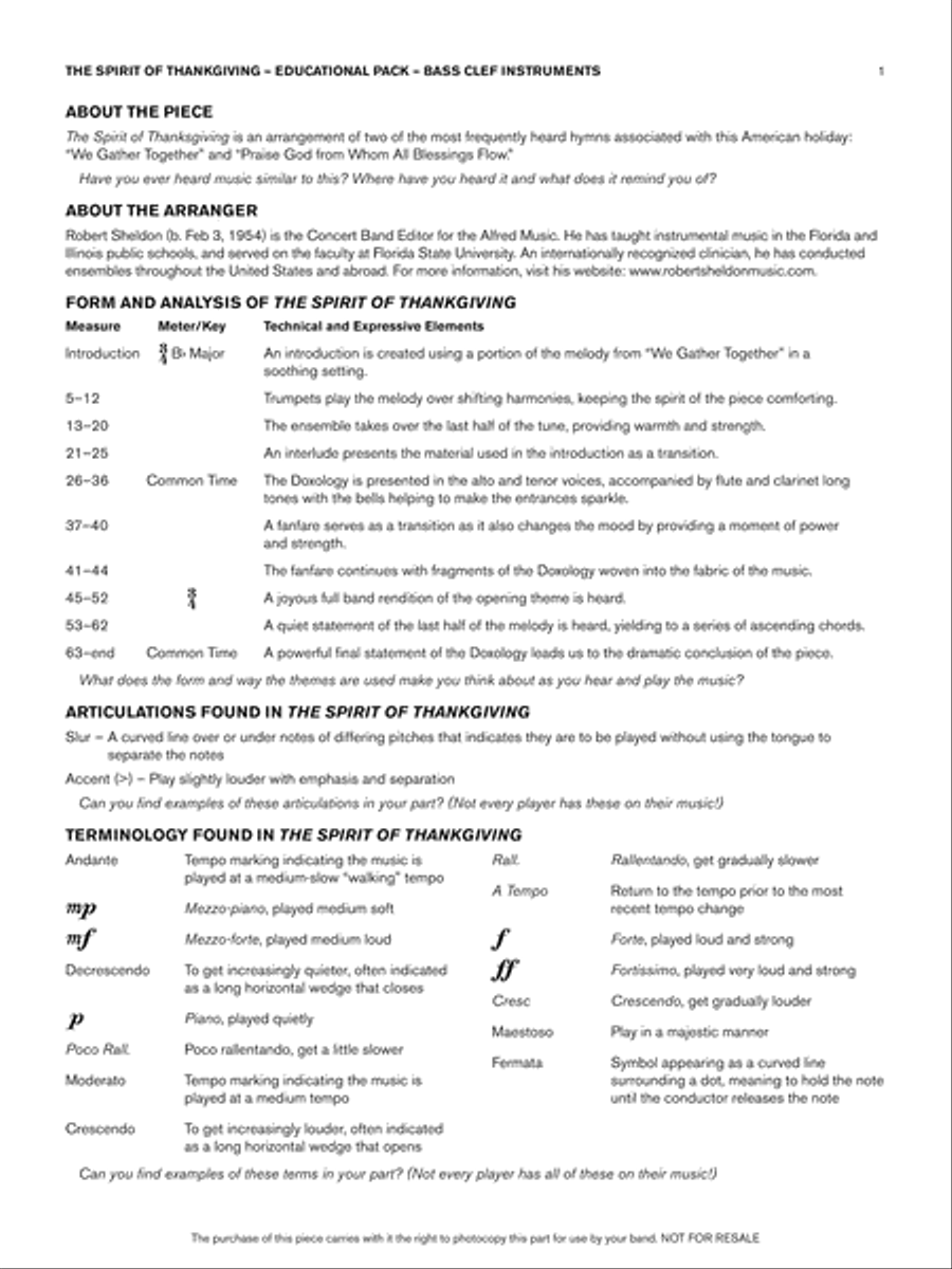 The Spirit of Thanksgiving: Bass Clef Educational Pack Concert Band scores gallery preview page 1