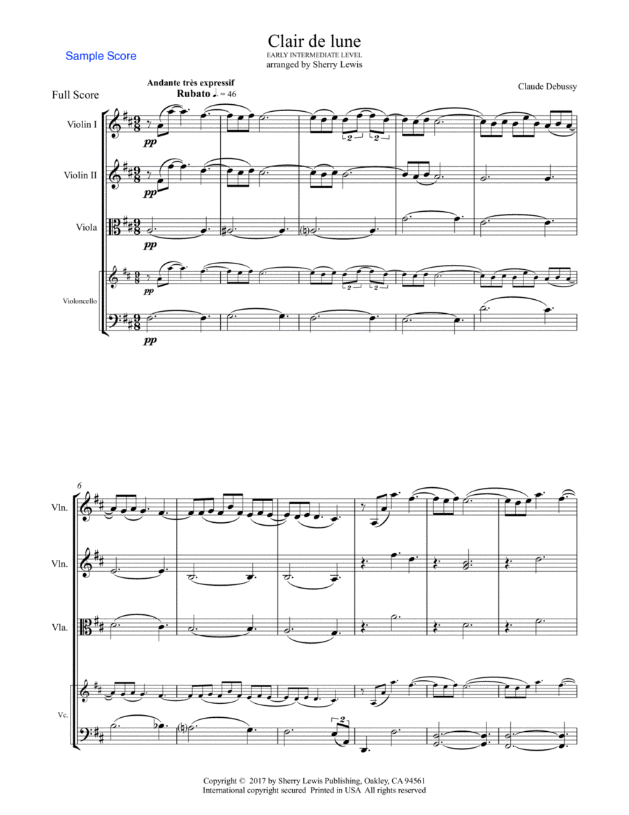 CLAIR DE LUNE String Quartet Early Intermediate level for 2 violins, viola and cello