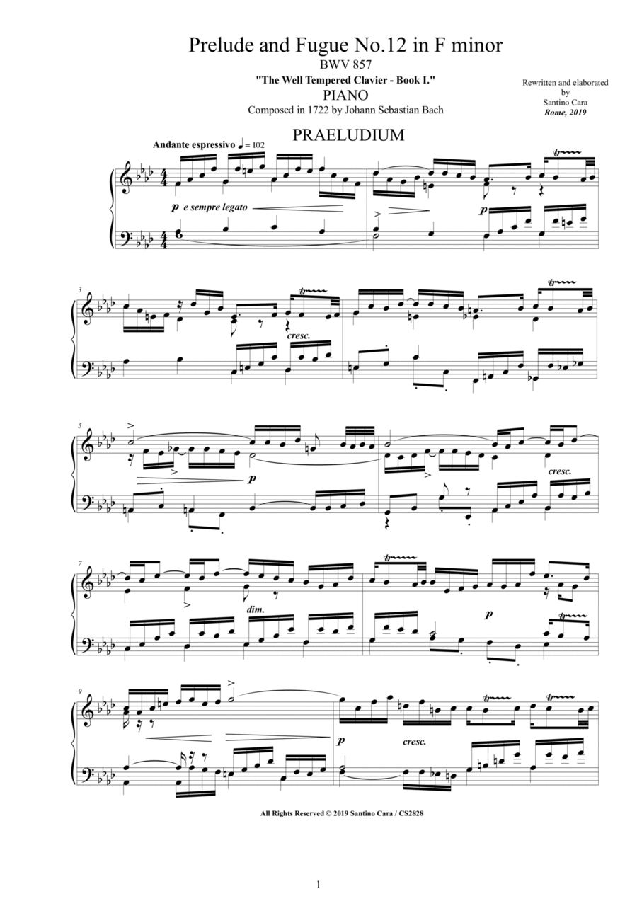 Bach - Prelude and Fugue No.12 in F minor BWV 857 for Piano Piano Solo scores gallery preview page 1