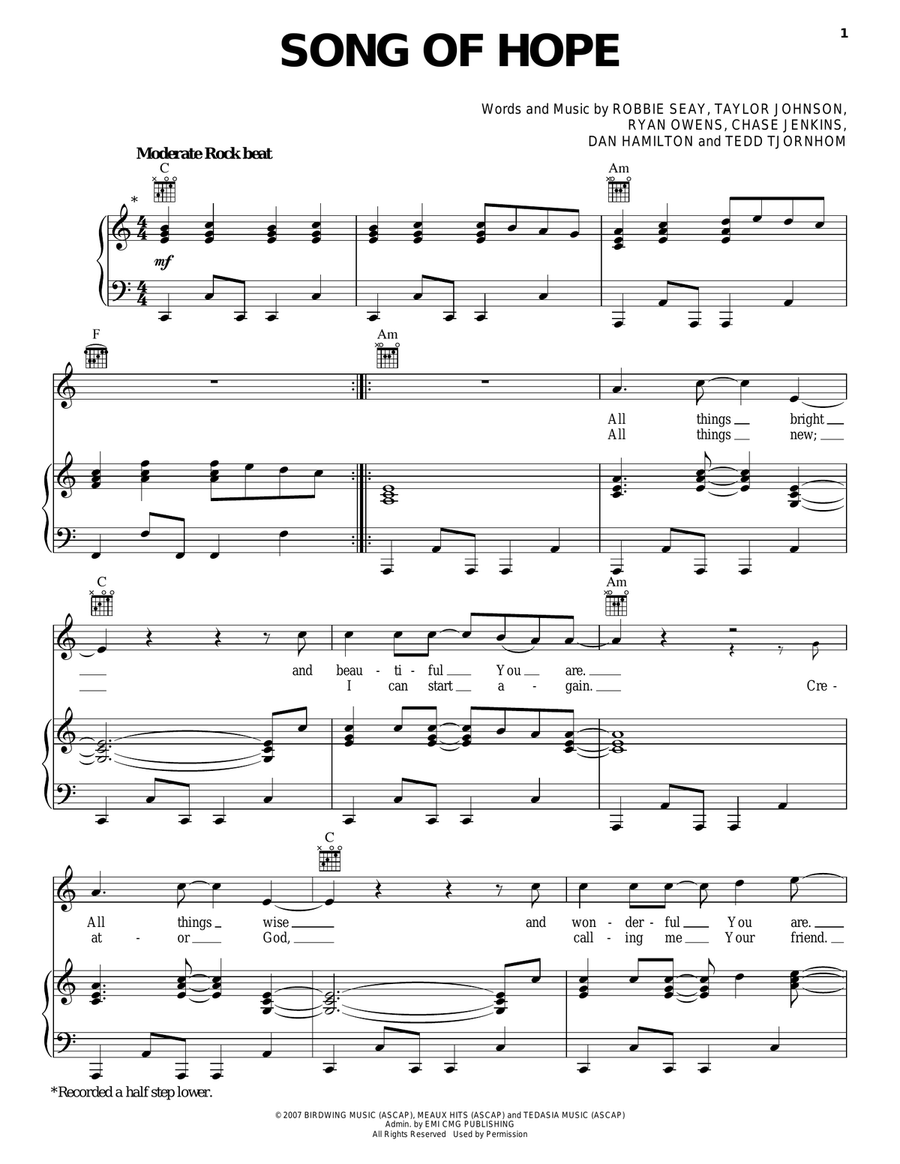 Song Of Hope Piano, Vocal, Guitar scores gallery preview page 1