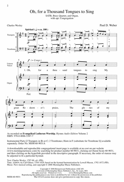 Oh, for a Thousand Tongues to Sing (Downloadable Choral Score)