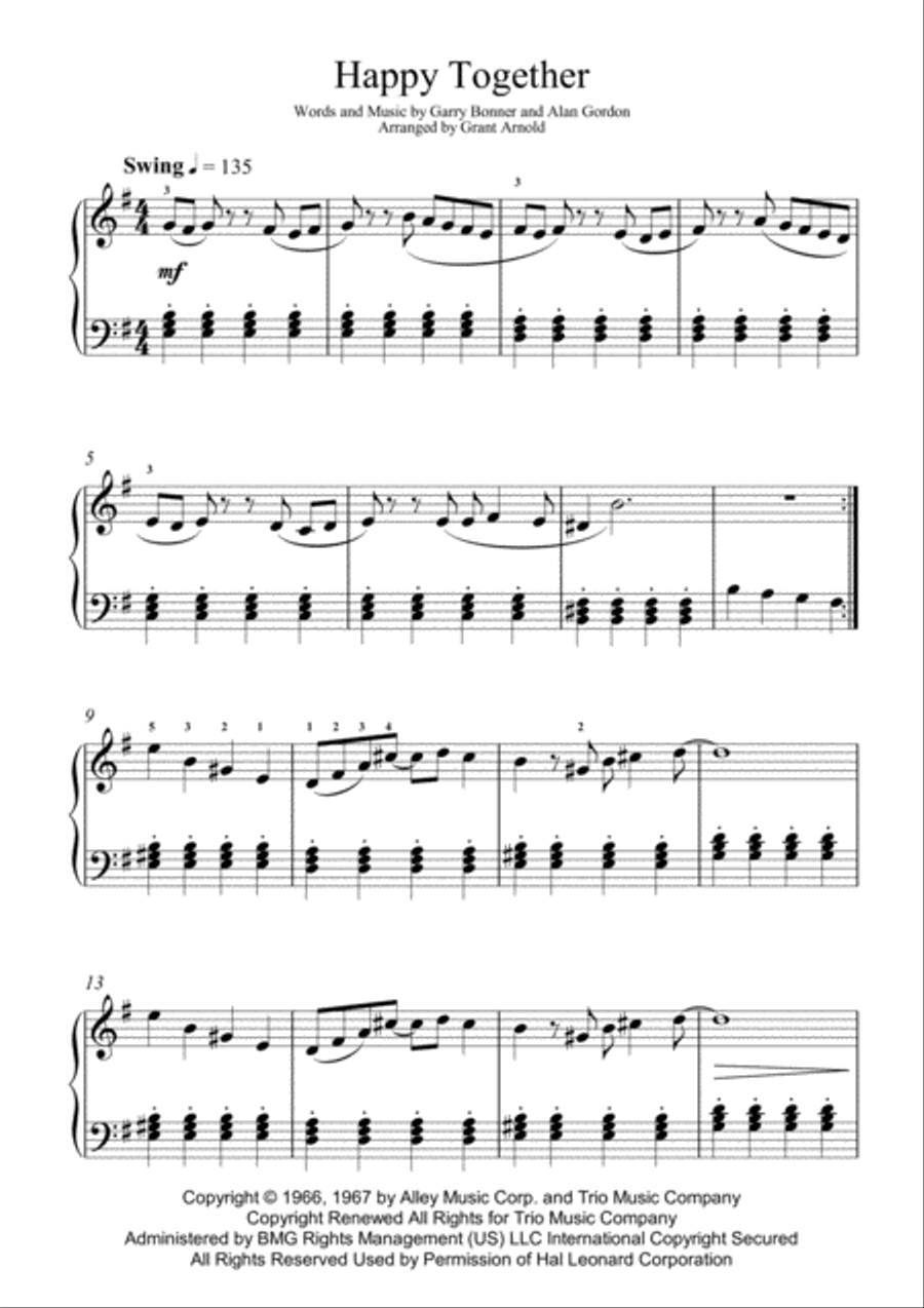 Happy Together Easy Piano scores gallery preview page 1
