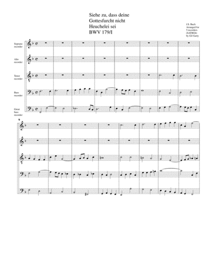 Coro: Siehe zu, dass deine Gottesfurcht nicht Heuchelei sei from Cantata BWV 179 (arrangement for 5