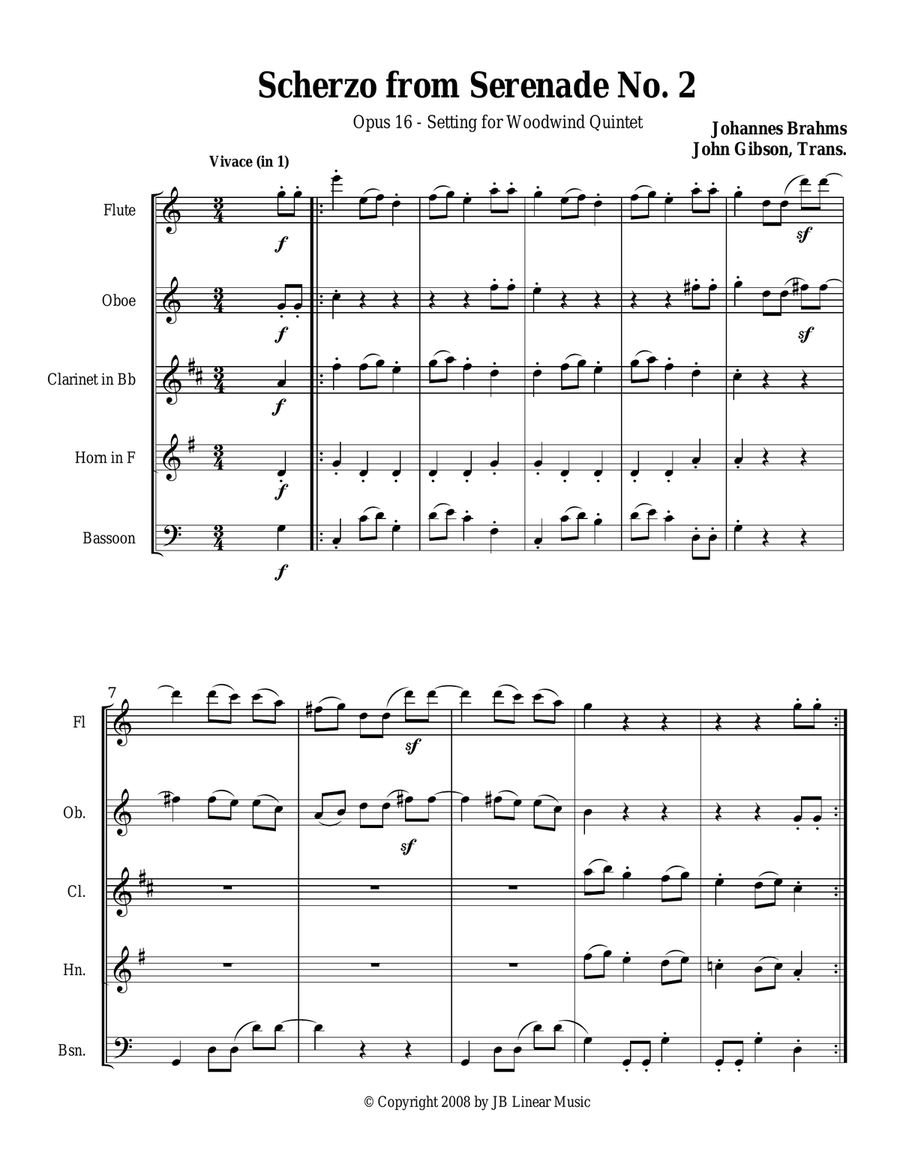 Brahms Scherzo from Serenade #2 for Woodwind Quintet Woodwind Quintet scores gallery preview page 1