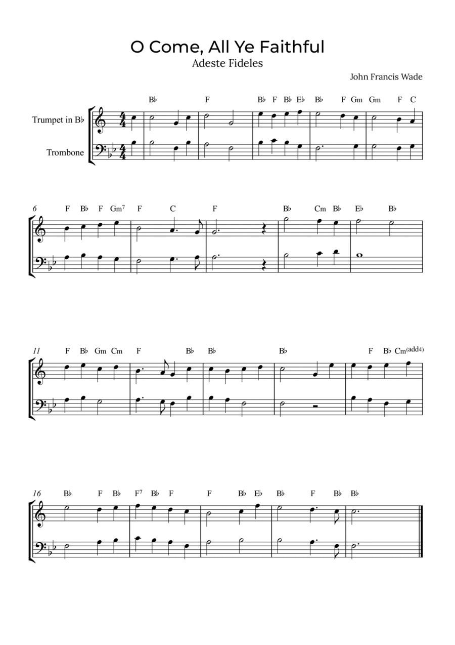 O Come, All Ye Faithful - Trumpet and trombone with chords Brass Duet scores gallery preview page 1