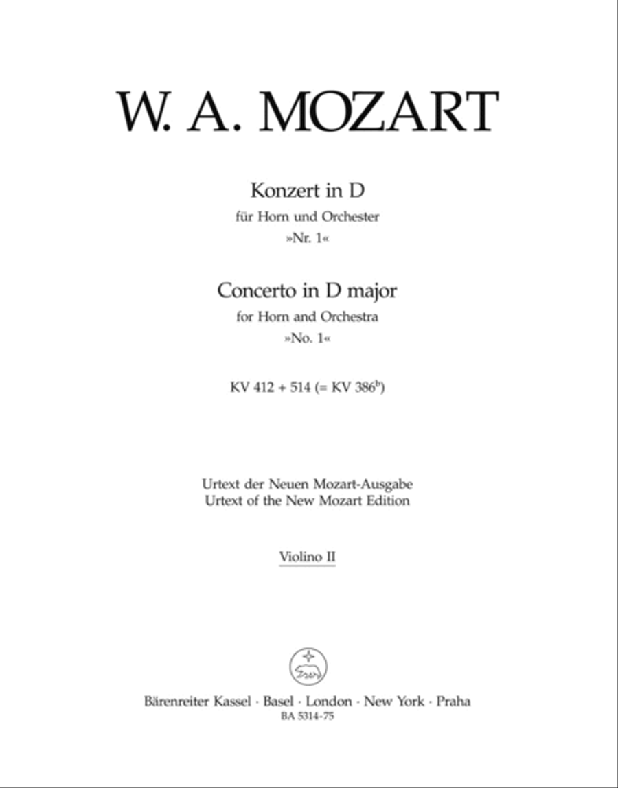 Concerto for Horn and Orchestra No. 1 D major KV 412 + 514 (386b) Violin scores gallery preview page 1