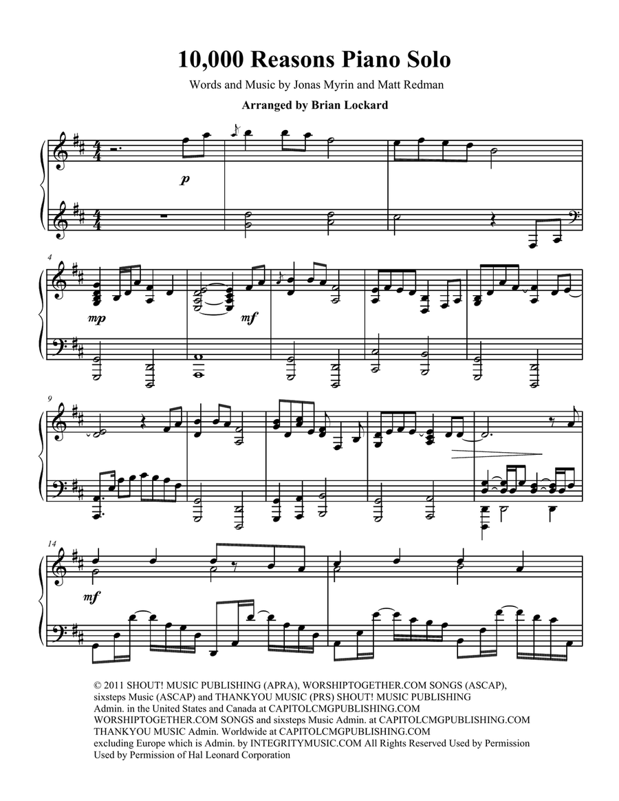 10,000 Reasons (Bless The Lord) 10,000 Reasons (Bless The Lord) Piano Solo scores gallery preview page 1