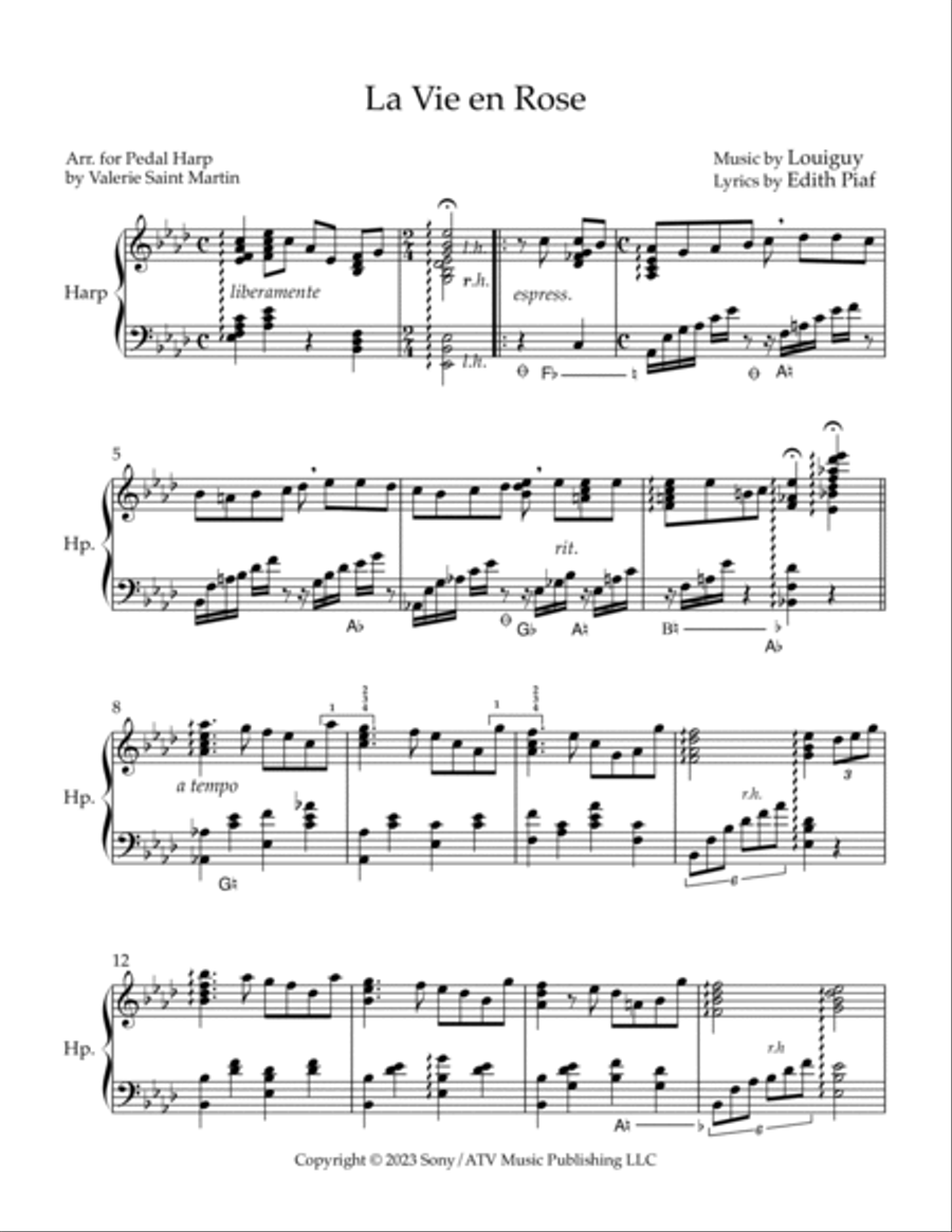 La Vie En Rose Pedal Harp scores gallery preview page 2
