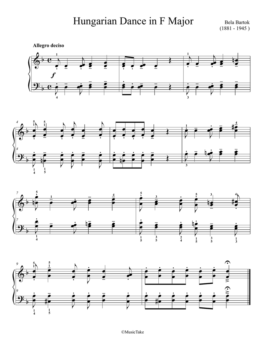 Bartok Hungarian Dance in D minor Easy Piano scores gallery preview page 1