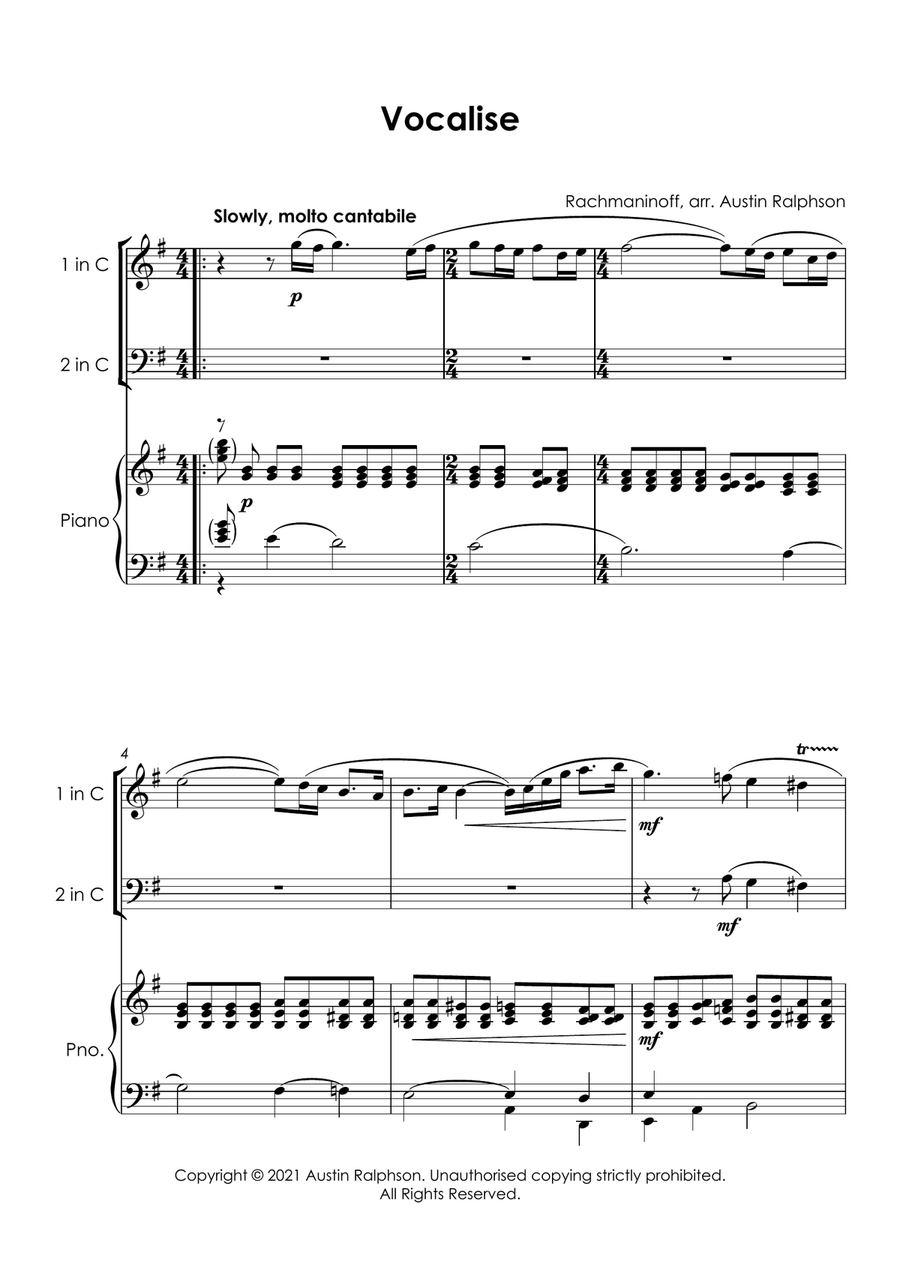 Vocalise (Rachmaninoff) - violin and cello duet and piano with FREE BACKING TRACK Piano Trio scores gallery preview page 3
