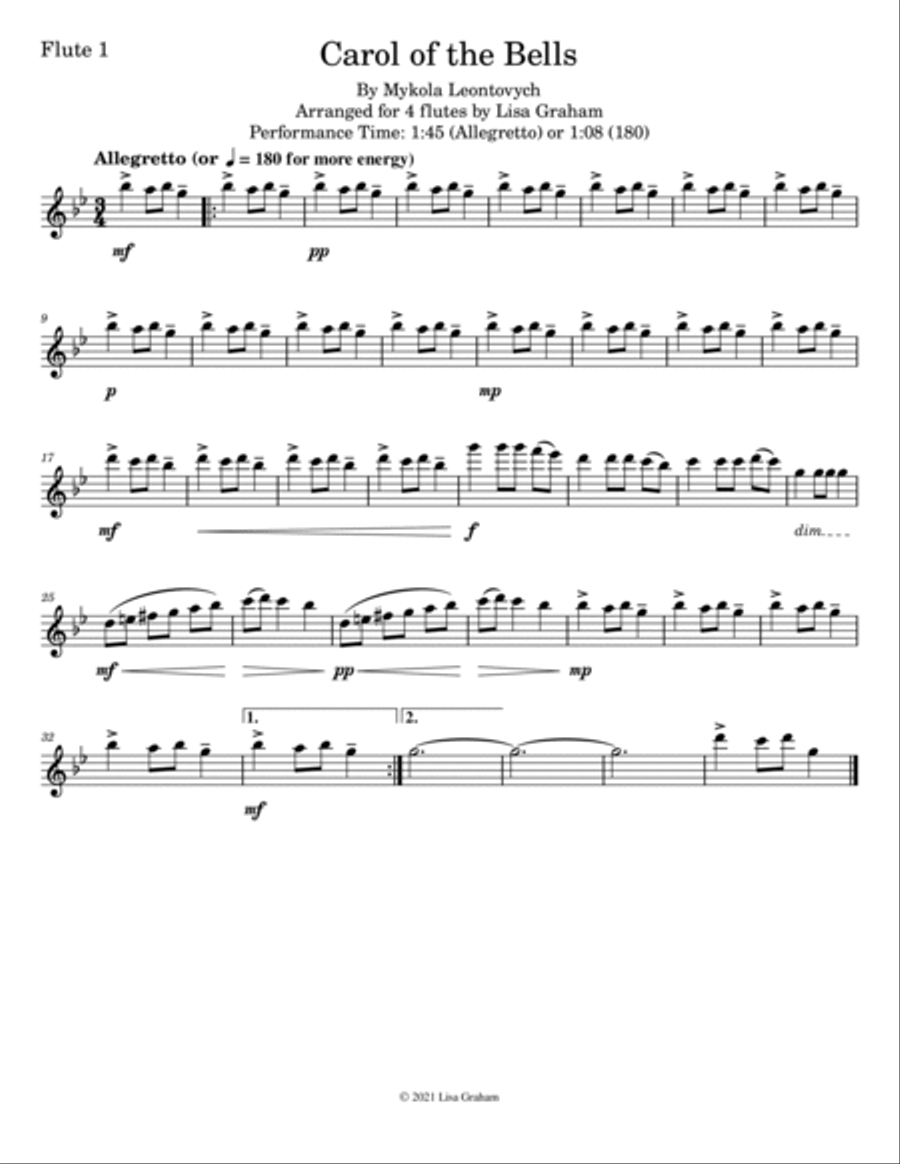 Carol of the Bells for Flute Quartet (4 Flutes) Flute Quartet scores gallery preview page 3