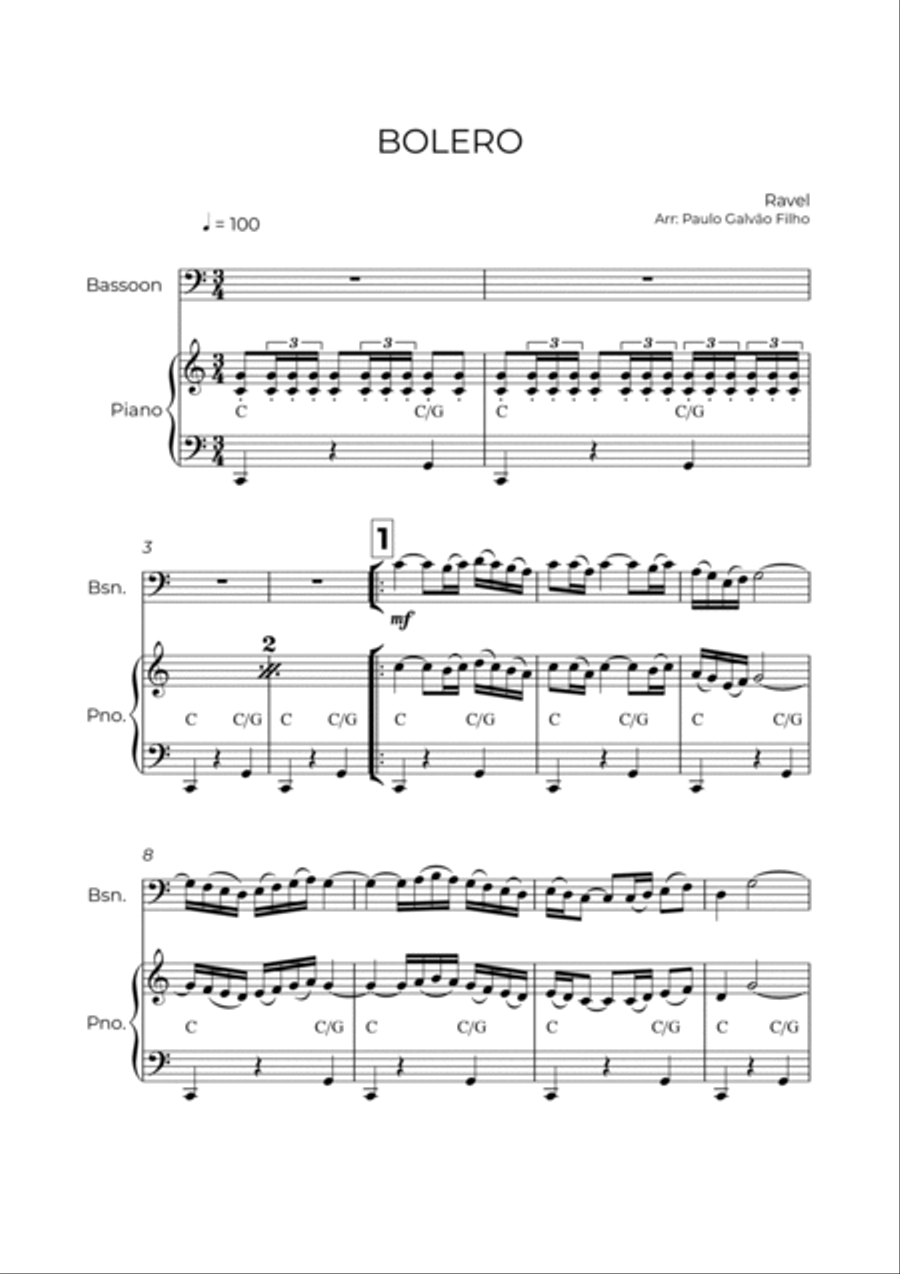 BOLERO - RAVEL - BASSOON & PIANO Bassoon Solo scores gallery preview page 2
