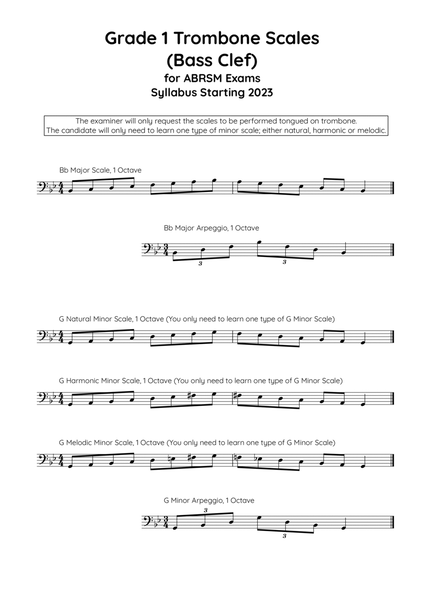 Trombone Scales (bass clef) Grade 1. For the new ABRSM Syllabus from 2023.