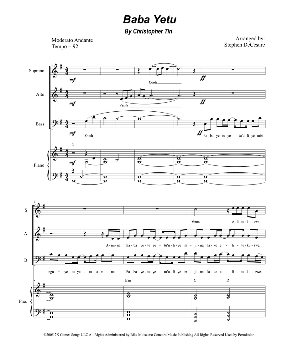 Baba Yetu 3-Part scores gallery preview page 1