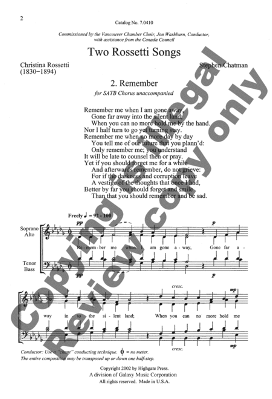 Two Rossetti Songs: 2. Remember 4-Part scores gallery preview page 2