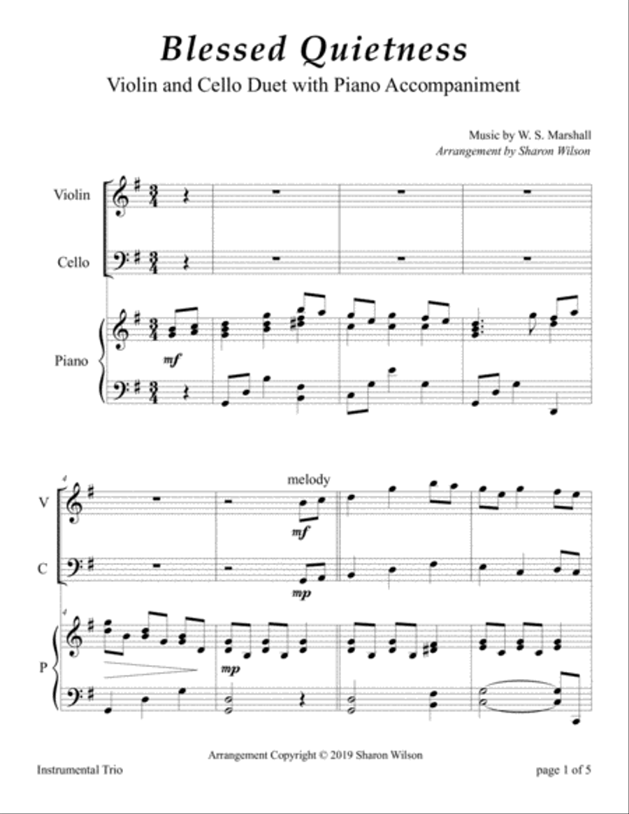 Blessed Quietness (for Violin and Cello Duet with Piano accompaniment) Piano Trio scores gallery preview page 4
