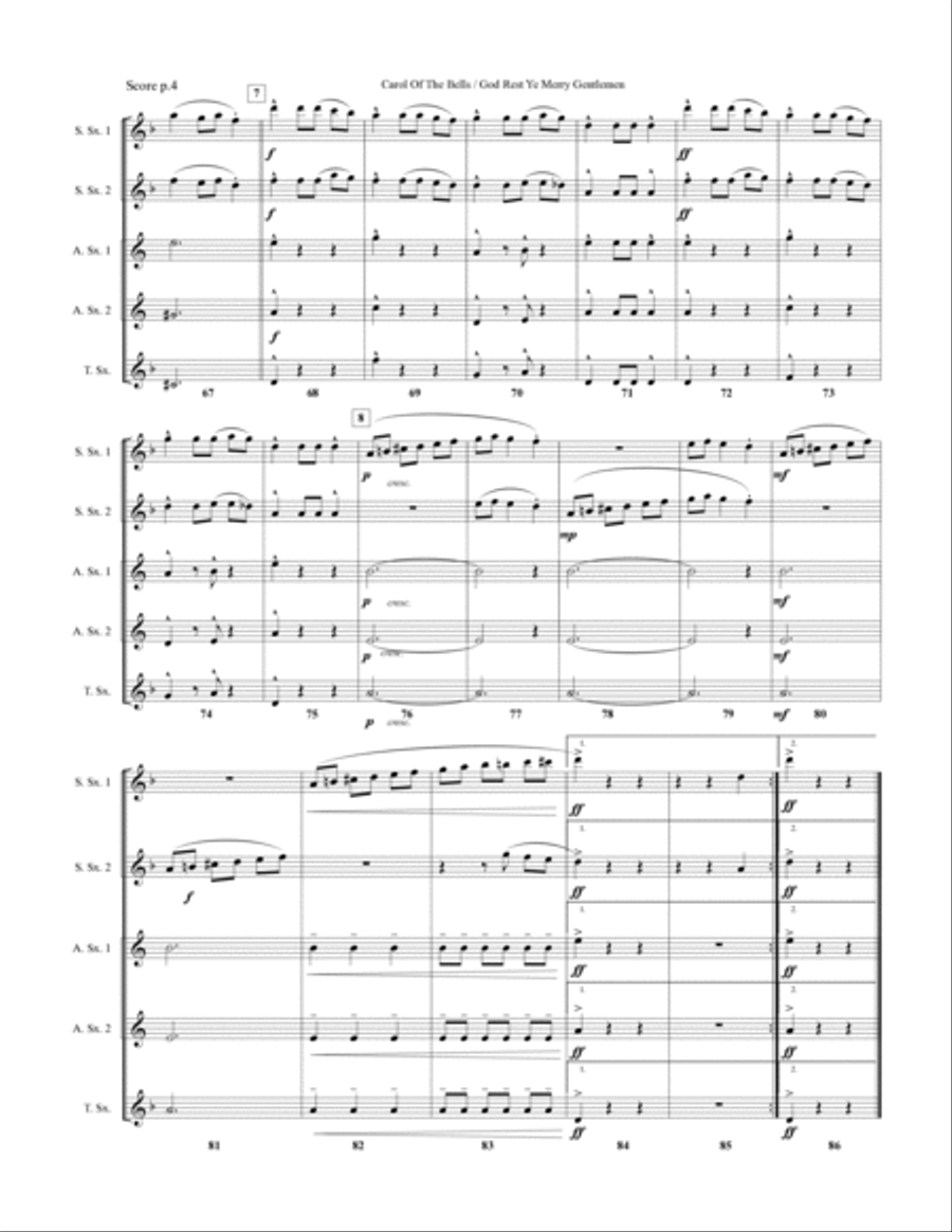 Carol Of The Bells / God Rest Ye Merry Gentlemen - 2 Soprano Saxes, 2 Alto Saxes, Tenor Sax (Optiona Woodwind Trio scores gallery preview page 6
