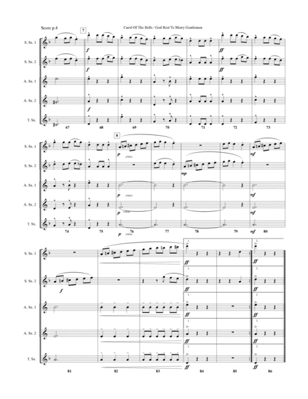 Carol Of The Bells / God Rest Ye Merry Gentlemen - 2 Soprano Saxes, 2 Alto Saxes, Tenor Sax (Optiona image number null