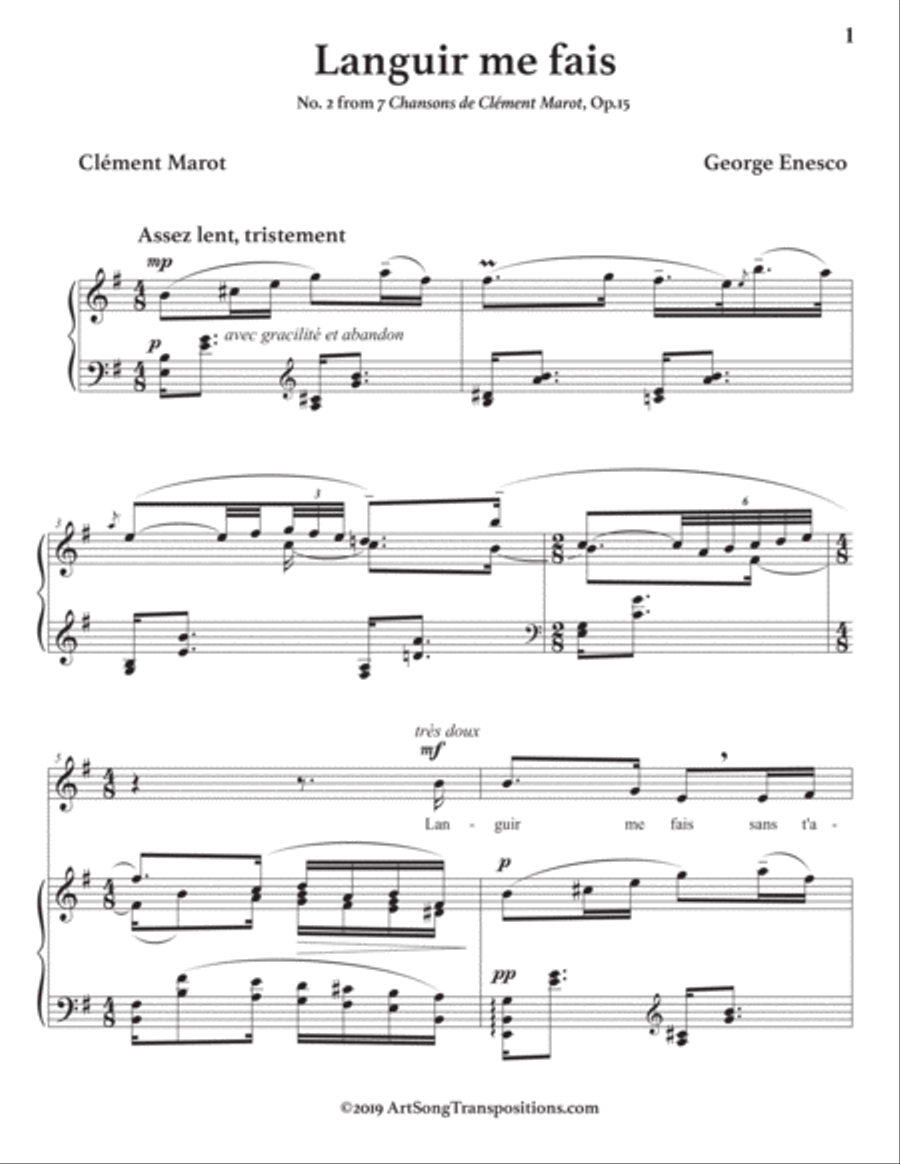 ENESCU: Languir me fais, Op. 15 no. 2 (transposed to E minor) Voice scores gallery preview page 2