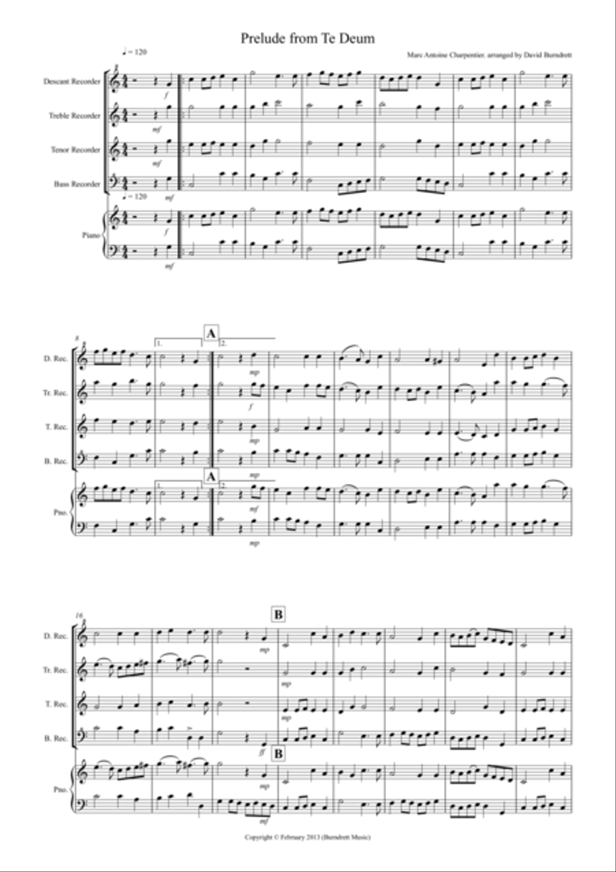 Prelude from Te Deum for Recorder Quartet Recorder scores gallery preview page 1