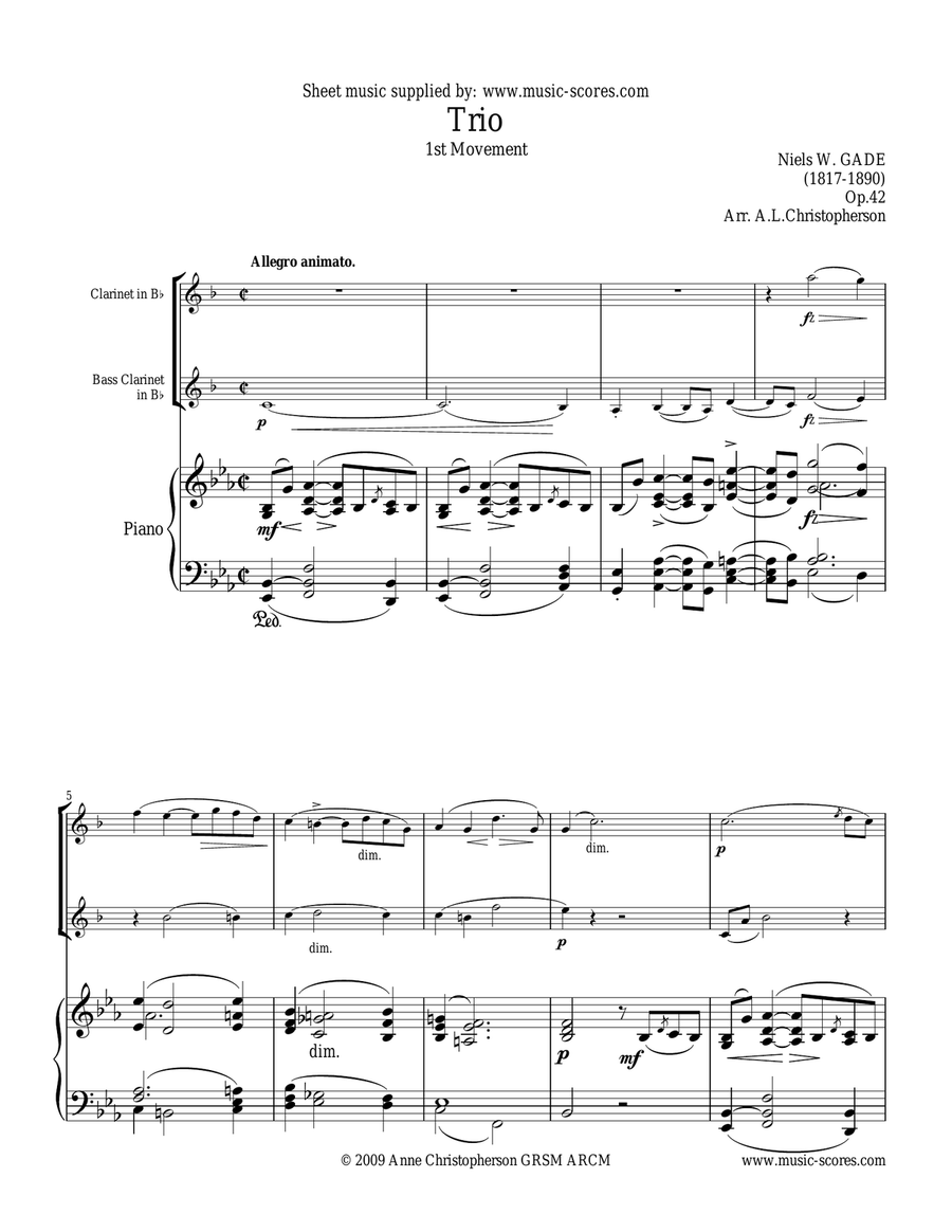 Gade - Allegro Animato - 1st movement from Piano Trio - Bb Clarinet, Bass Clarinet and Piano. Small Ensemble scores gallery preview page 1