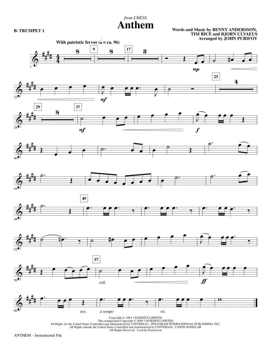 Anthem (from Chess) - Bb Trumpet 1 Choir scores gallery preview page 1