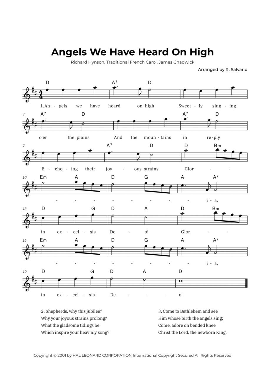 Angels We Have Heard On High (Key of D Major) Easy Piano scores gallery preview page 1