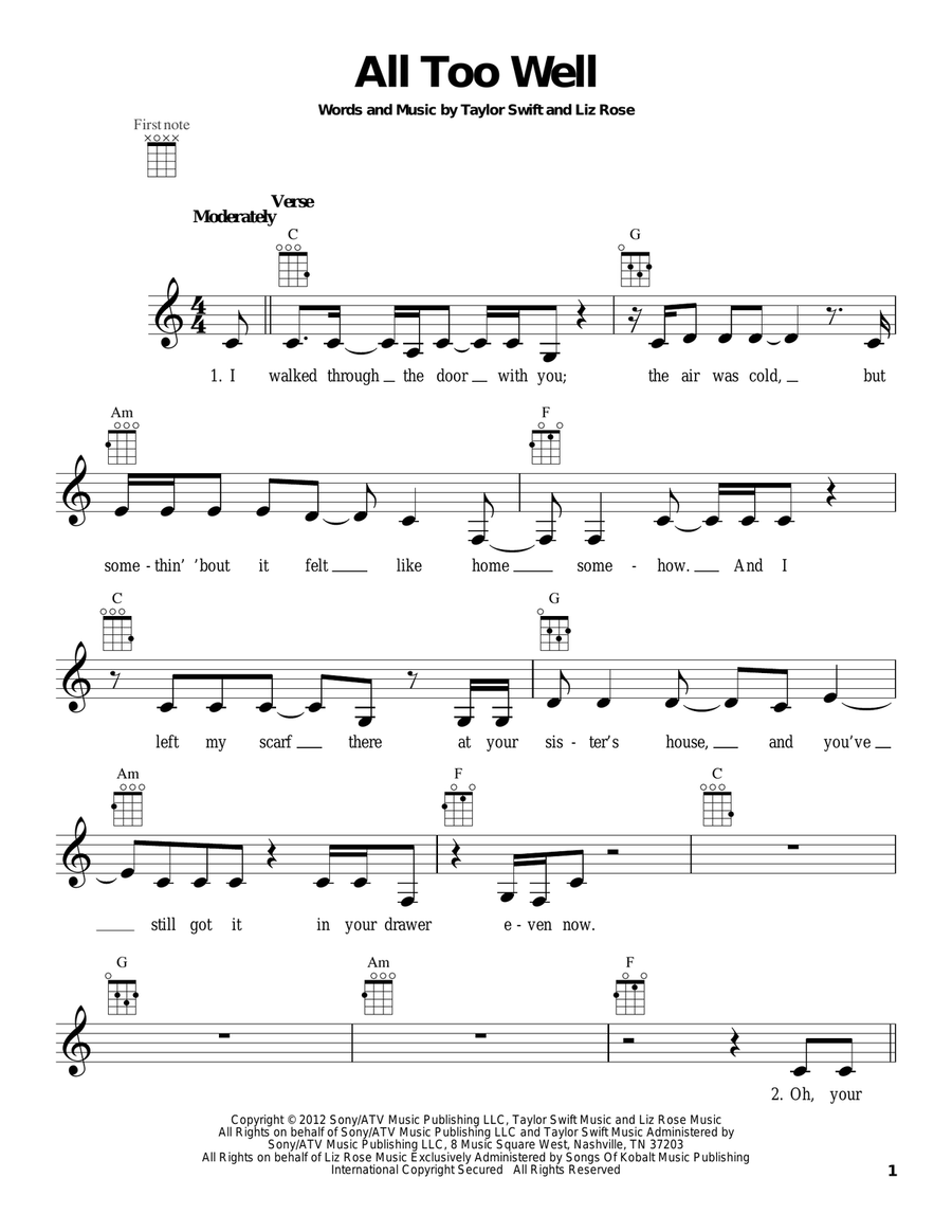 All Too Well Ukulele scores gallery preview page 1