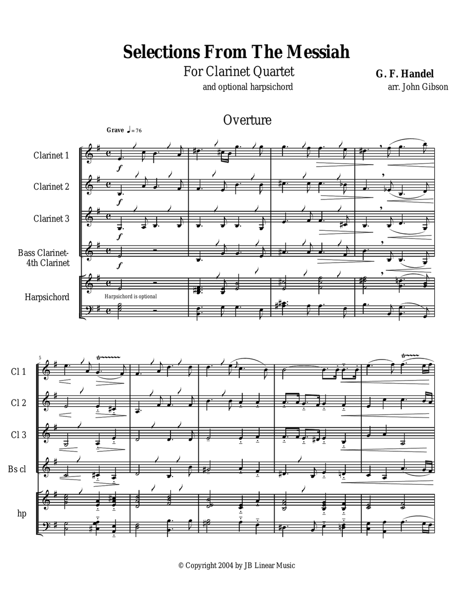 Handel's Messiah Selections for Clarinet Quartet Handel's Messiah Selections for Clarinet Quartet Clarinet Quartet scores gallery preview page 1