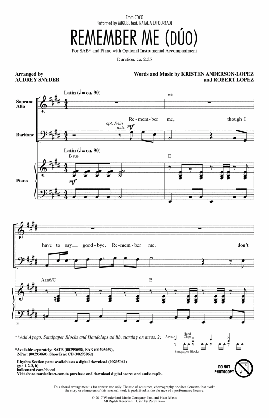 Remember Me (Duo) (from Coco) (arr. Audrey Snyder) 3-Part scores gallery preview page 1