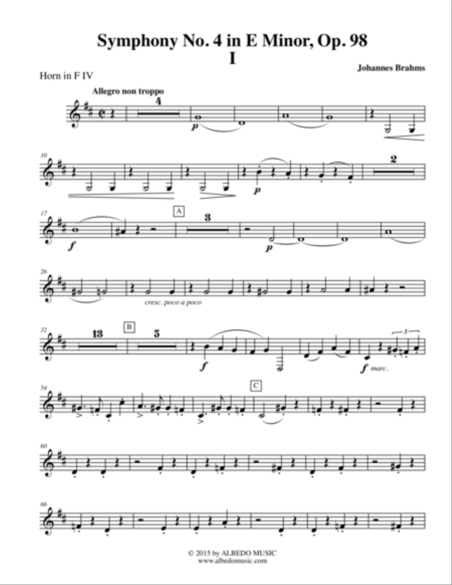 Brahms Symphony No. 4, Movement I - Horn in F 4 (Transposed Part), Op. 98 Horn Solo scores gallery preview page 1